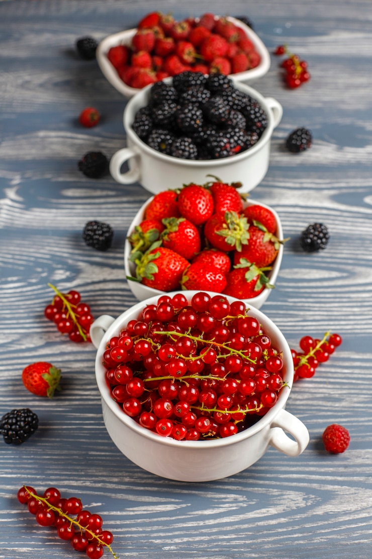 Kostenlose Foto verschiedene frische sommerbeeren, blaubeeren, rote johannisbeeren, erdbeeren, brombeeren, draufsicht.