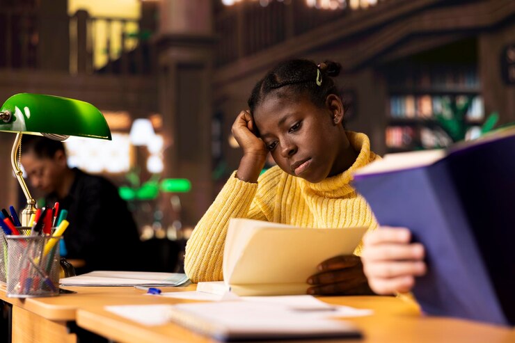 Kostenlose Foto verschiedene teenager-schüler in einer bibliothek, die bücher für eine schulaufgabe lesen