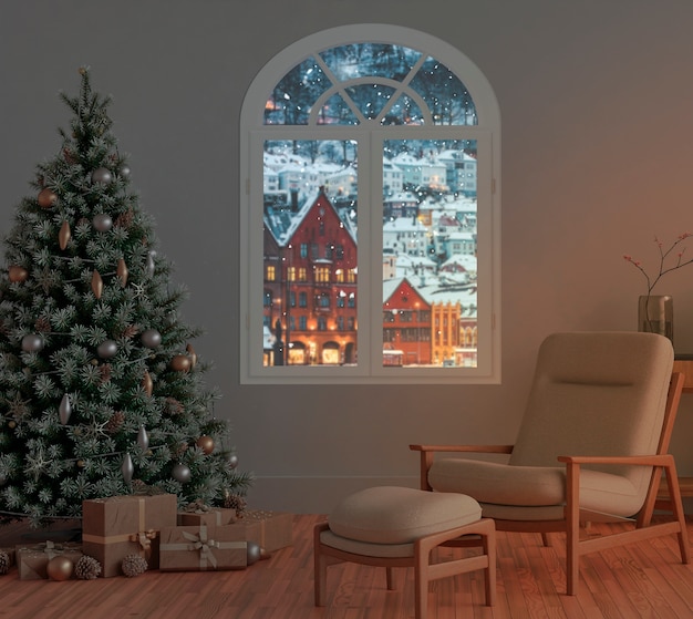 Verschneites Fenster mit weihnachtlicher Inneneinrichtung