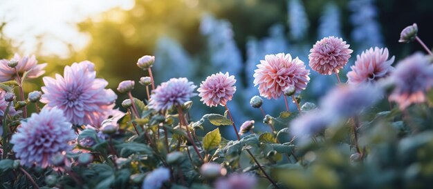 Verschwommenes Bild von Lavendel- und Dahlienblüten. KI-generiertes Bild