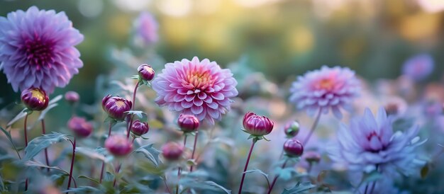 Verschwommenes Bild von Lavendel- und Dahlienblüten. KI-generiertes Bild