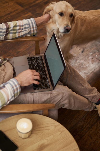 Vertikal abgeschnittenes Bild von männlichen Händen, die mit einem Laptop auf der Tastatur tippen und das Hundecafé streicheln