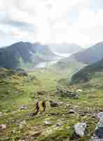 Kostenloses Foto vertikal von menschen, die in den bergen der lofoten bei bewölktem wetter wandern