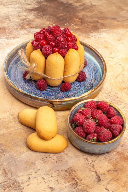 Vertikale Ansicht von frisch gebackenem weichem Kuchen mit Früchten und Keksblumen auf Mischfarbtabelle