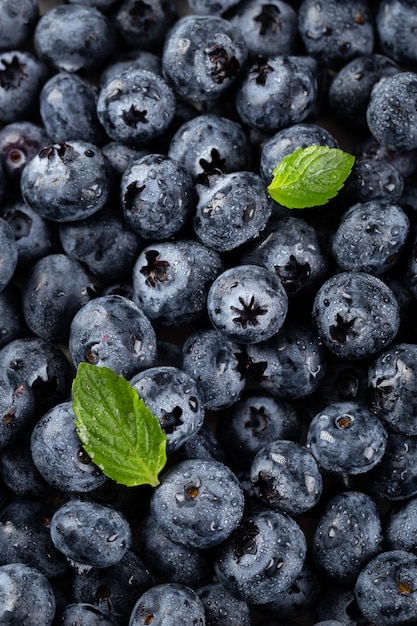 Kostenloses Foto vertikale aufnahme der nahaufnahme von blaubeeren mit wassertropfen und blättern