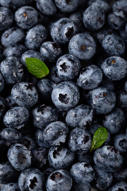 Vertikale Aufnahme der Nahaufnahme von Blaubeeren mit Wassertropfen und Blättern