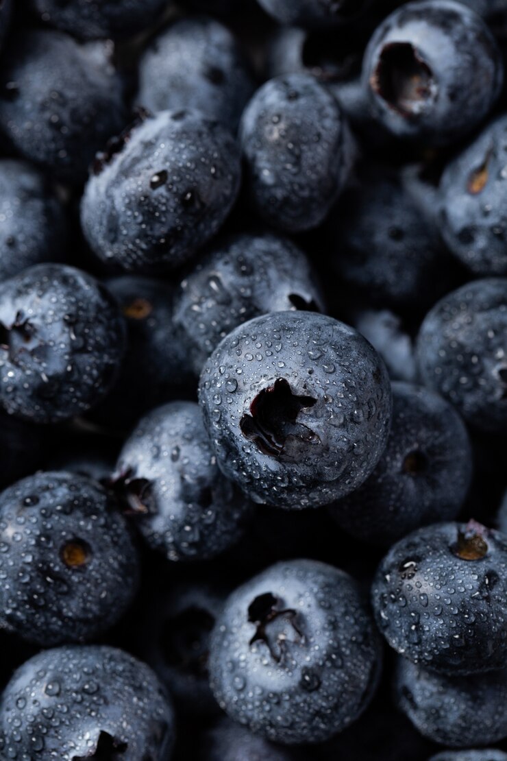 Kostenlose Foto vertikale aufnahme der nahaufnahme von blaubeeren mit wassertropfen