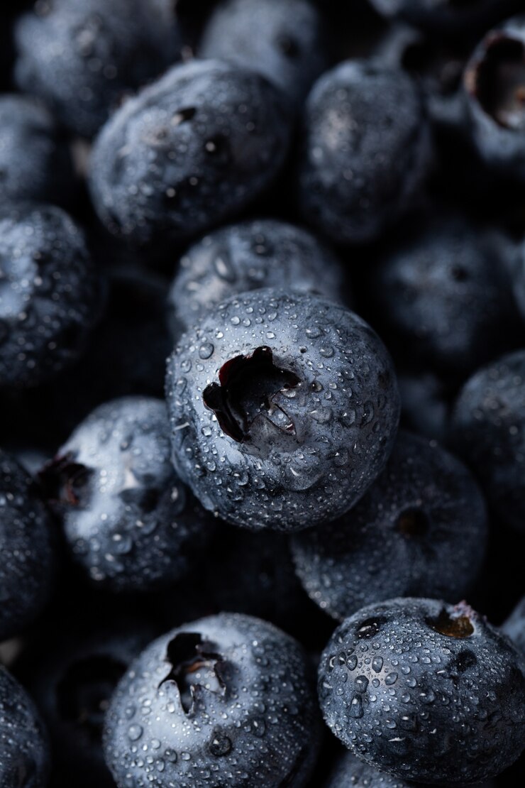 Kostenlose Foto vertikale aufnahme der nahaufnahme von blaubeeren mit wassertropfen