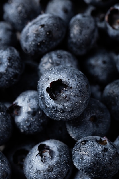 Vertikale Aufnahme der Nahaufnahme von Blaubeeren mit Wassertropfen