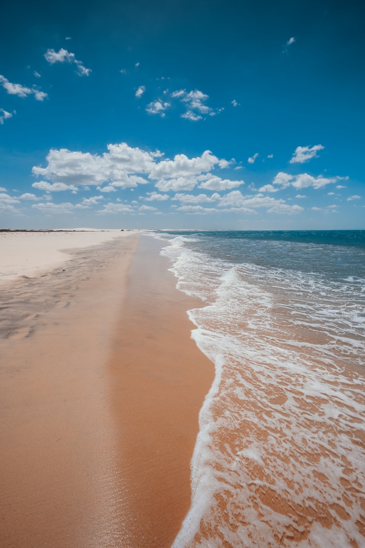 Kostenlose Foto vertikale aufnahme der schaumigen wellen, die zum sandstrand unter dem schönen blauen himmel kommen