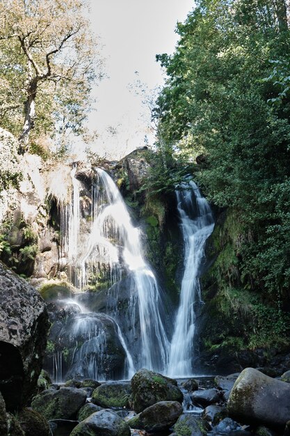 Vertikale Aufnahme der schönen Wasserfall-Storiths, die in Großbritannien gefangen genommen werden