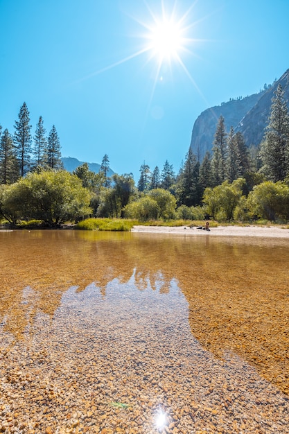 Vertikale Aufnahme der Sonne, die über das Wasser und die Bäume des Yosemite-Nationalparks scheint