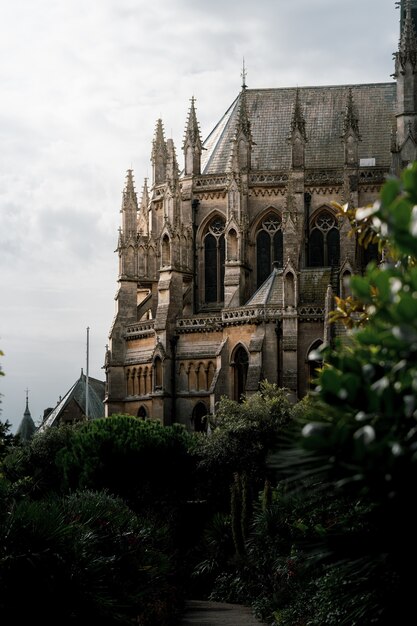 Vertikale Aufnahme des Schlosses und der Kathedrale von Arundel, umgeben von schönem Laub, bei Tageslicht