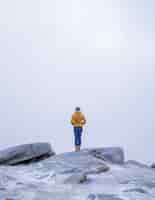 Kostenloses Foto vertikale aufnahme einer frau in einem gelben mantel, der auf dem stein in den schneebedeckten bergen steht