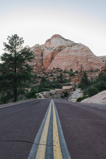 Vertikale Aufnahme einer leeren Straße und des Zion-Nationalparks in den USA