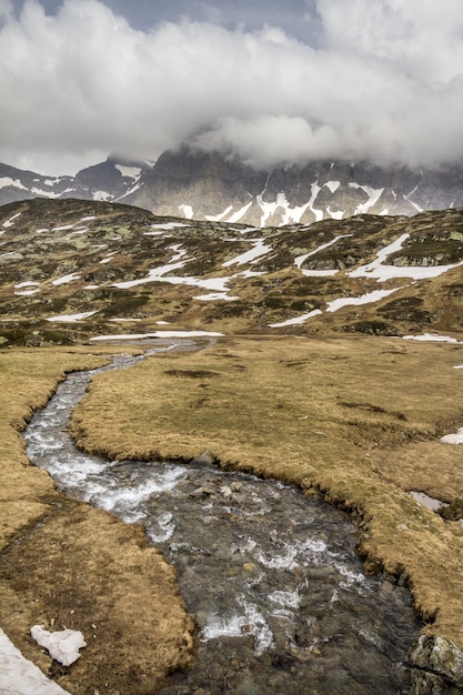 Kostenloses Foto vertikale aufnahme einer schneebedeckten landschaftsansicht mit einem frisch fließenden bergfluss