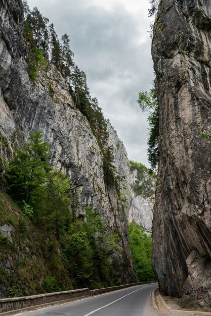 Vertikale Aufnahme einer Straße, die auf beiden Seiten von Klippen umgeben ist