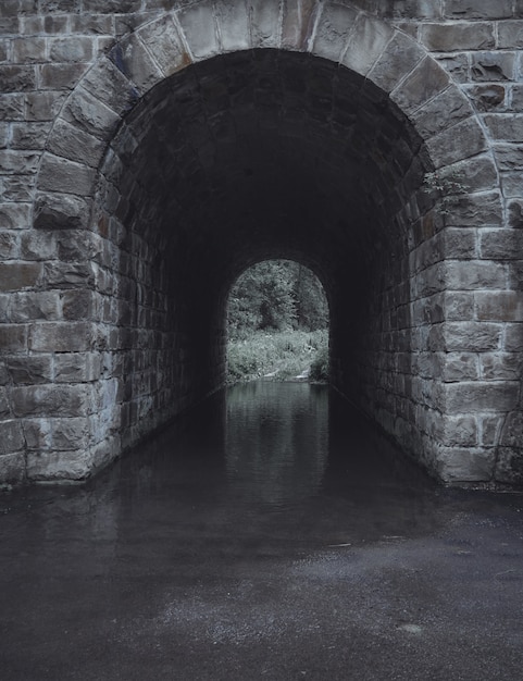 Vertikale Aufnahme eines grauen Steinwassertunnels