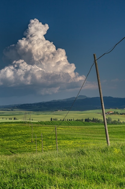 Vertikale Aufnahme eines grünen Feldes mit Strommasten in Val D'orcia Tuscany, Italien