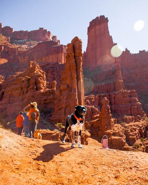 Vertikale Aufnahme eines Hundes mit einer roten Leine, die in der Nähe von Menschen und verlassenen Klippen im Hintergrund steht