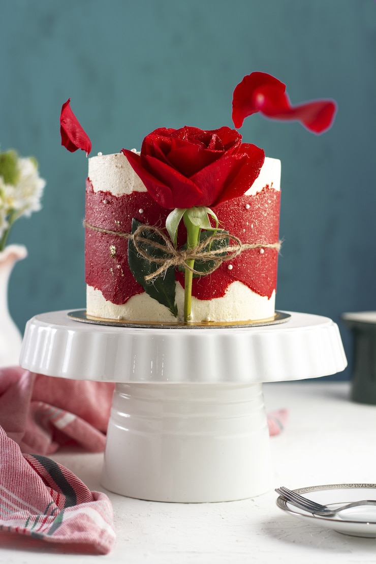Kostenlose Foto vertikale aufnahme eines kleinen kuchens mit einer roten rose auf einem weißen tablett