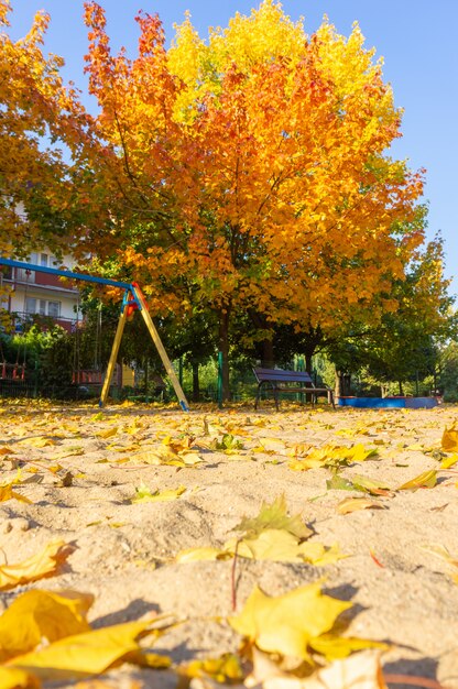 Vertikale Aufnahme eines Spielplatzes im Park mit bunten Blättern im Boden im Herbst