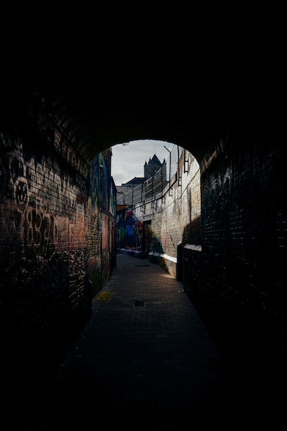 Vertikale Aufnahme eines Weges in der Mitte von Backsteinmauern mit Graffiti auf ihnen
