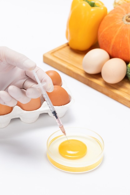 Vertikale Aufnahme eines Wissenschaftlers, der in einem Labor giftige Substanzen in ein Ei injiziert