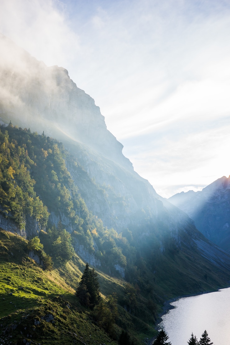 Kostenlose Foto vertikale aufnahme von bewaldeten bergen in der nähe des wassers unter einem bewölkten himmel am tag