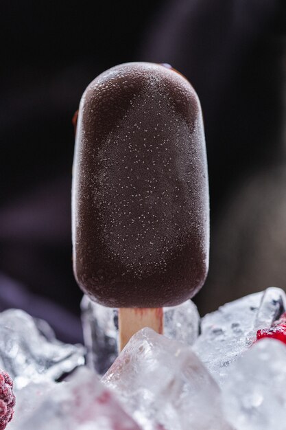 Vertikale Aufnahme von hausgemachtem veganem Eis, bedeckt von Schokolade und umgeben von Eiswürfeln