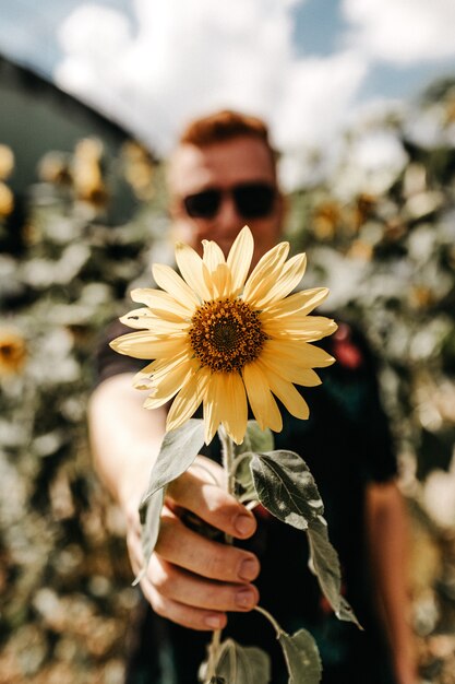 Vertikale flache fokussierte Aufnahme eines Mannes, der eine gelbe Sonnenblume hält