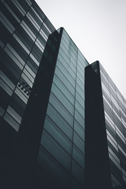 Vertikale Flachwinkelaufnahme eines schwarzen Gebäudes mit Spiegelfenstern unter dem klaren Himmel