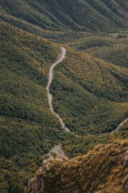 Vertikale Luftaufnahme einer gefährlichen Bergstraße durch einen Wald von Vlasic, Bosnien