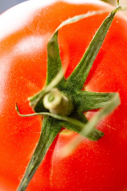 Vertikale Nahaufnahmeaufnahme einer frischen rohen Tomate mit ihrem grünen Blatt