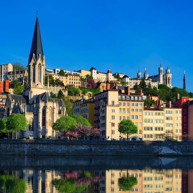 Vertikale Sicht auf den Fluss Saône am Morgen