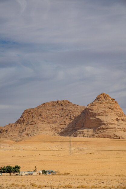 Vertikaler Schuss einer großen Klippe auf einer Wüste unter einem bewölkten Himmel