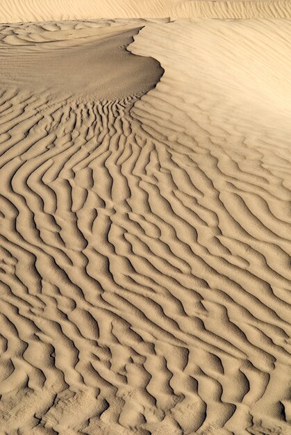 Vertikaler Schuss einer Sandwellenstruktur in der Wüste. Schöne Tapete
