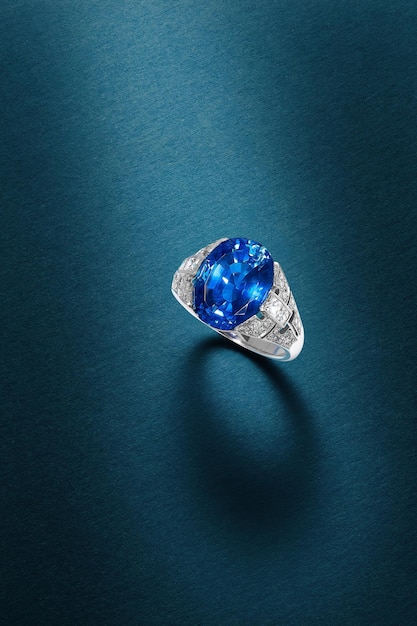 Vertikaler Schuss eines schönen Rings mit einem kostbaren blauen Edelstein auf einer blauen Oberfläche