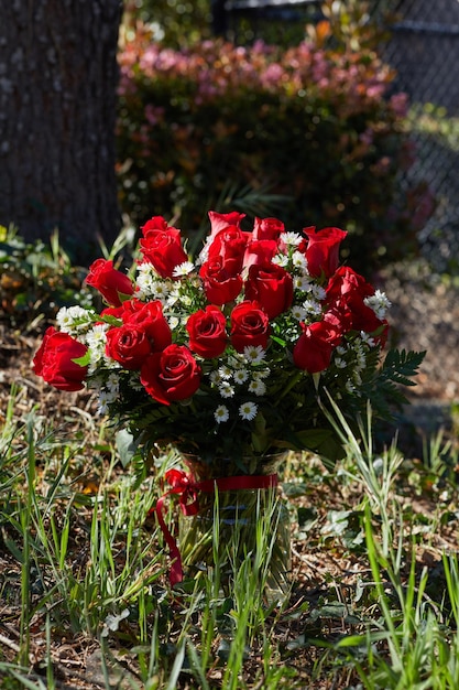Vertikales Foto von Strauß roter Rosen mit Kamille in Blumenvase
