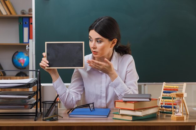 verwirrte junge Lehrerin hält und zeigt auf Mini-Tafel, die am Schreibtisch mit Schulwerkzeugen im Klassenzimmer sitzt