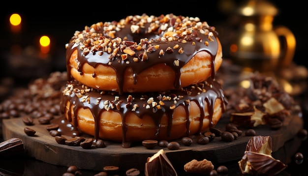 Kostenloses Foto verwöhnender hausgemachter donut-schokoladenguss mit frischem kaffee auf holz, erzeugt durch künstliche intelligenz