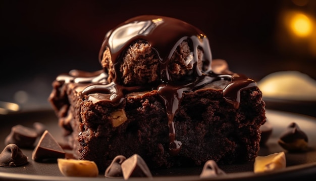 Verwöhnender hausgemachter Schokoladen-Brownie mit von KI erzeugter Fudge-Sauce