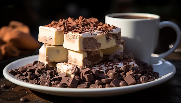 Verwöhnendes Dessert aus dunkler Schokolade auf einem Holztisch, schmelzend und köstlich, erzeugt durch künstliche Intelligenz