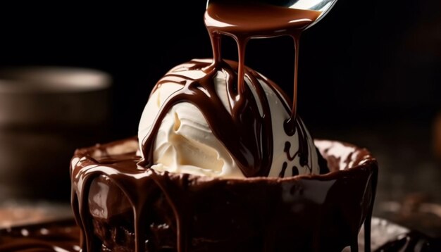 Verwöhnendes Dessert aus dunkler Schokoladenfondant mit Erdbeeren, erzeugt von KI
