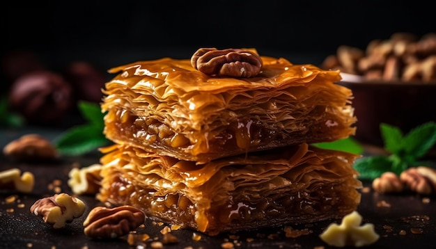 Kostenloses Foto verwöhnendes hausgemachtes baklava, ein süßer, nussiger stapel, generiert von ki