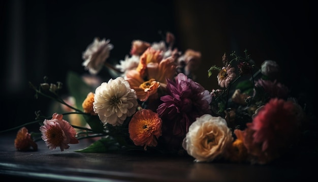 Verzierter Blumenstrauß aus Chrysanthemen auf rustikalem Tisch, generiert von KI