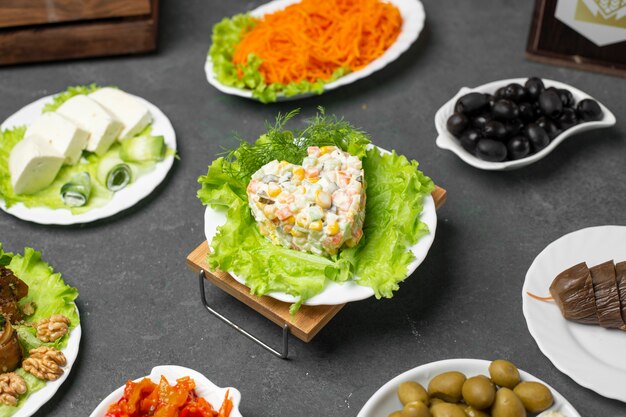 Vielzahl von marinierten Nahrungsmitteln auf dem Tisch mit russischem Salat stolichni.