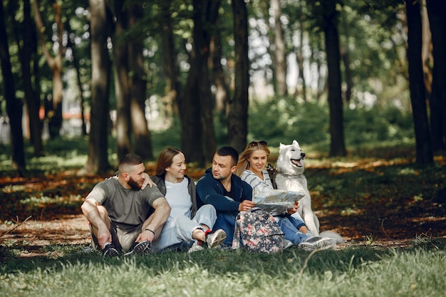 Vier Freunde ruhen sich in einem Wald aus