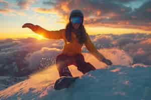 Kostenloses Foto view of woman snowboarding with pastel shades and dreamy landscape