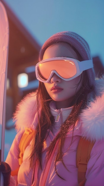 Kostenloses Foto view of woman snowboarding with pastel shades and dreamy landscape